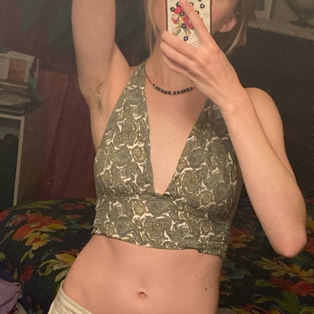 Kendall & Kylie Olive Green Paisley Halter Crop Top